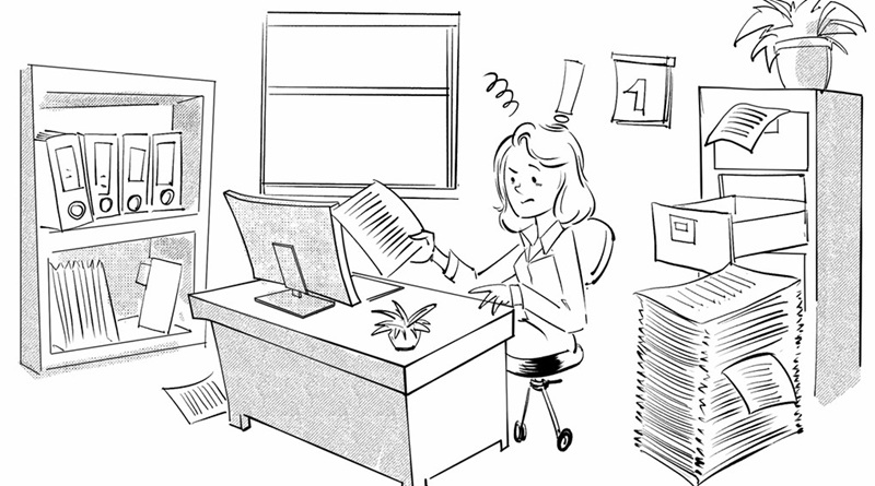 Comic, der eine Frau am Schreibtisch in einem Büro zeigt