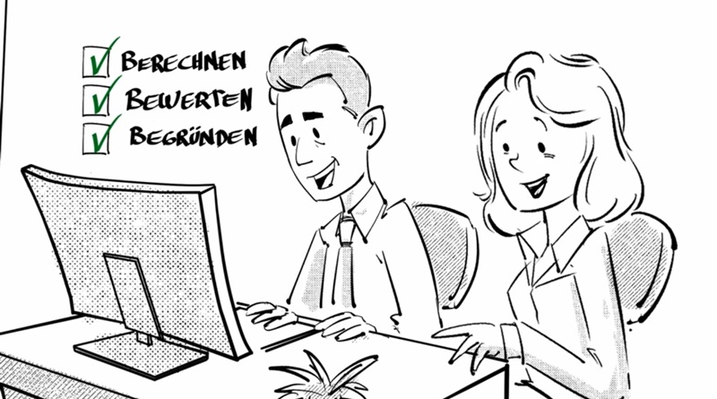 Comic-Darstellung von zwei Personen vor PC, die sich freuen